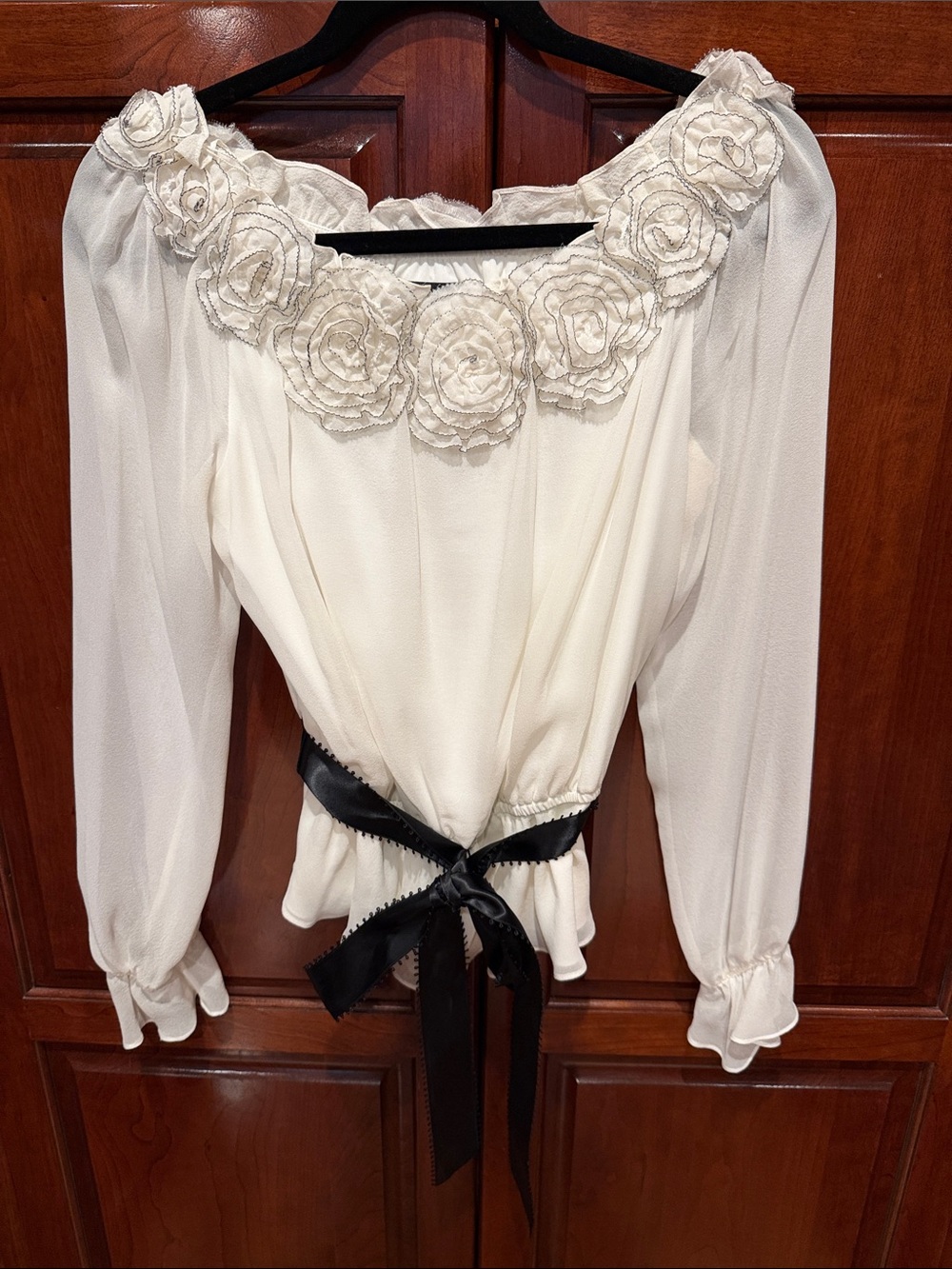 Adrianna Papell Cream Floral Rosette Long-Sleeve Peplum Top with Black Satin Tie